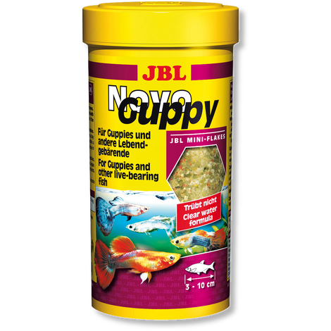 อาหารปลาหางนกยูง JBL Novo Guppy อาหารปลาชนิดแผ่นยอดนิยม สูตรครบจบในหนึ่งเดียว ตัวนี้ออกแบบมาเพื่อปลาหางนกยูงที่กินอาหารบริเวณชั้นกลางและผิวน้ำโดยเฉพาะ โดดเด่นด้วยลักษณะอาหารแบบแผ่น flakes กินง่าย และมีสารอาหารที่ครบถ้วน (Complete Nutrition) ส่งผลดีต่อการเจริญเติบโตตามวัย ทำให้ปลาแข็งแรงไม่แคระแกร็น เนื้ออาหารมีความน่ากินสูงด้วยโปรตีนคุณภาพเยี่ยมจากเนื้อปลาเน้นๆ ช่วยให้ปลากินง่ายและเจริญอาหาร