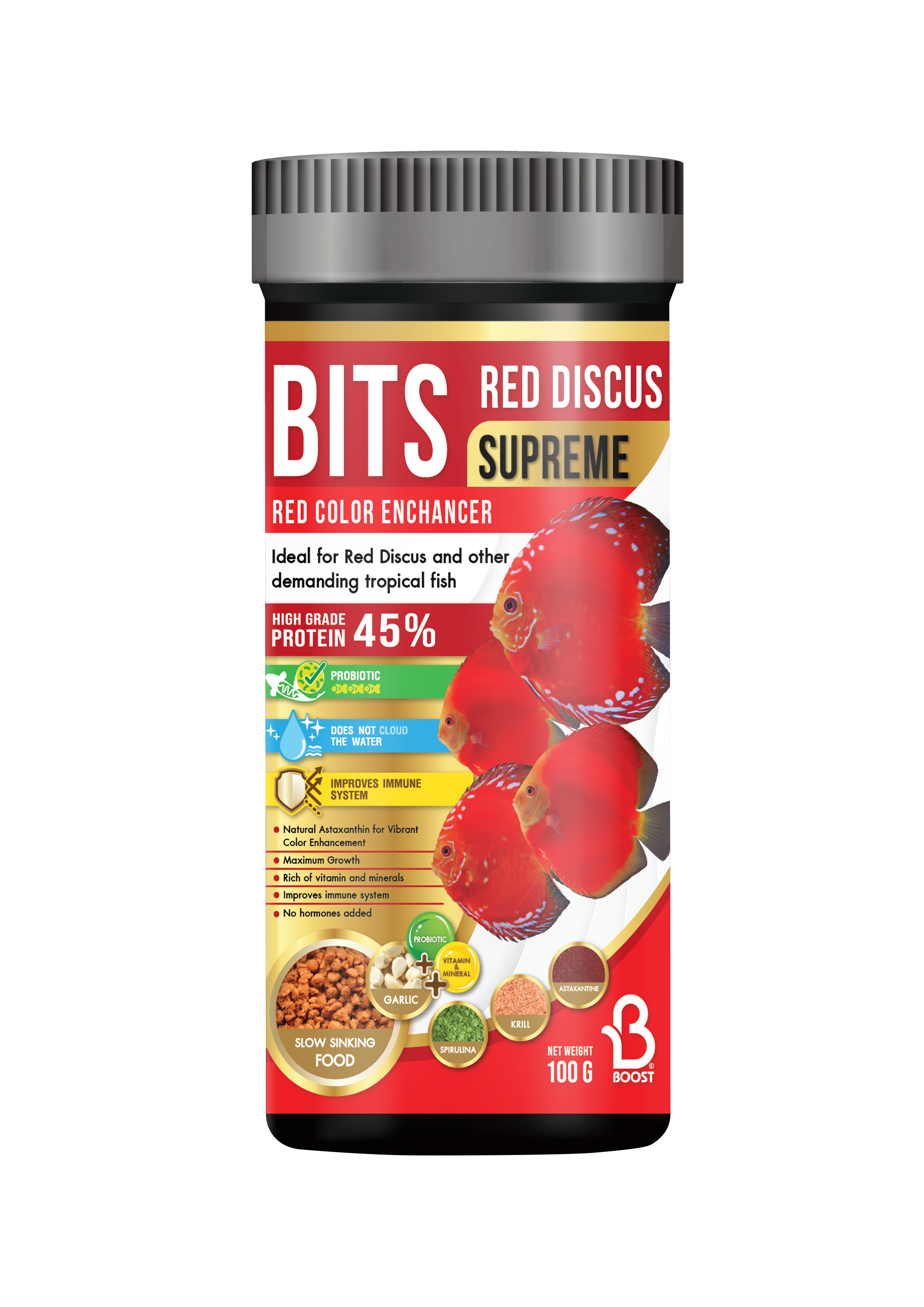 อาหารปลาปอมปาดัวร์ BITS RED DISCUS SUPREME RED COLOR ENHANCER สูตรเร่งสีแดงสำหรับปลาปอมปาตัวร์ อาหารสูตรพิเศษที่ถูกพัฒนามาเพื่อปลาปอมปาดัวร์โทนสีแดงโดยเฉพาะ โดดเด่นด้วยการผสมผสานสารเร่งสีจากธรรมชาติอย่าง แอสต้าแซนธิน (Astaxanthin) และ สาหร่ายสไปรูลิน่าคุณภาพสูง