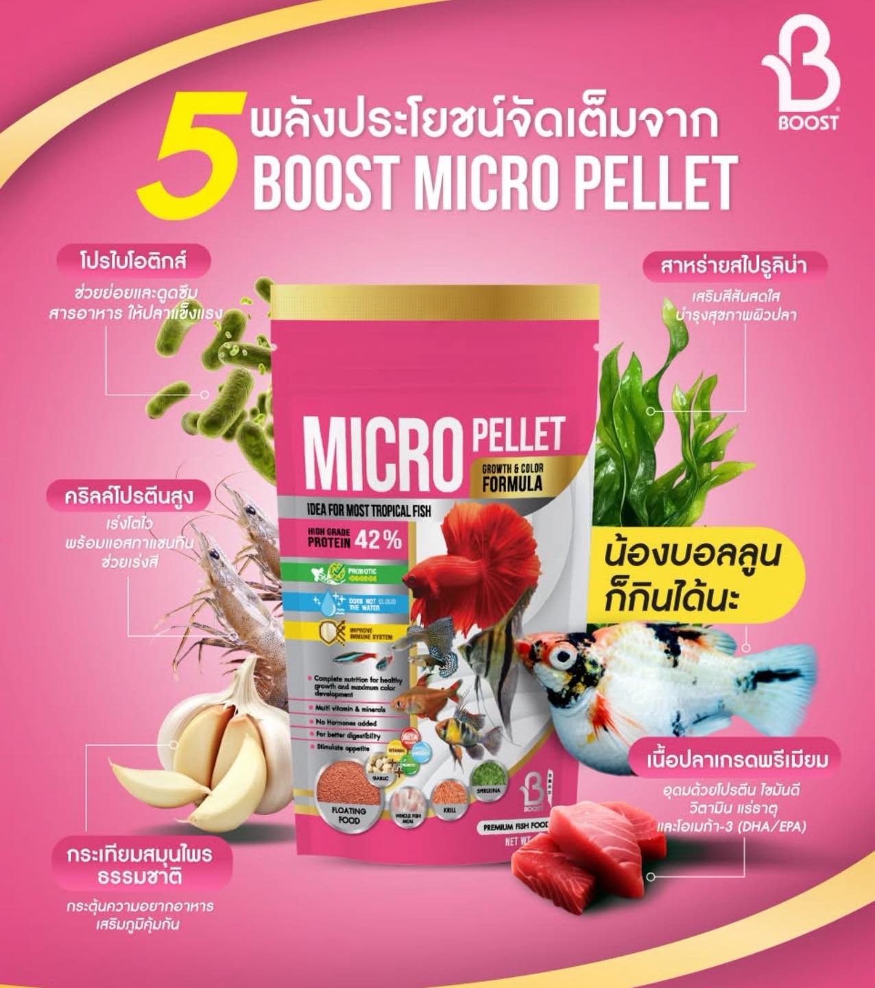 อาหารปลาหางนกยูง Boost Mini Tropical Growth & Color Formula อาหารปลาสวยงามชนิดผง อาหารชนิดผงละเอียดสูตรพิเศษ ออกแบบมาเพื่อปลาเร่งโตเร่งสีให้ลูกปลาและปลาจิ๋วโดยเฉพาะ โดดเด่นด้วยโปรตีนสูงถึง 42% จากเนื้อปลาป่นและคริลล์คุณภาพดี ช่วยให้ปลาเติบโตอย่างรวดเร็วและแข็งแรงสมส่วน พร้อมส่วนผสมของกระเทียมที่ช่วยกระตุ้นความอยากอาหาร ให้เจ้าตัวน้อยกินเก่งและมีระบบการย่อยที่สมบูรณ์แบบ