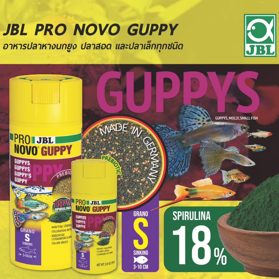 อาหารปลาหางนกยูง JBL PRONOVO GUPPY GRANO S อาหารปลาสำหรับปลาหางนกยูง อาหารสูตรพรีไบโอติกเพื่อสุขภาพลำไส้ที่สมบูรณ์แบบ เน้นสุขภาพระยะยาวควบคู่ไปกับความงาม เป็นอาหารชนิดเม็ดจมขนาดเล็ก (Grano S) ที่มีจุดเด่นคือส่วนผสมของใยอาหารและพรีไบโอติก ซึ่งช่วยกระตุ้นการทำงานของแบคทีเรียชนิดดีในลำไส้ ทำให้การย่อยอาหารมีประสิทธิภาพสูงสุด ลดปัญหาท้องอืดและปลาป่วยง่ายได้เป็นอย่างดี
